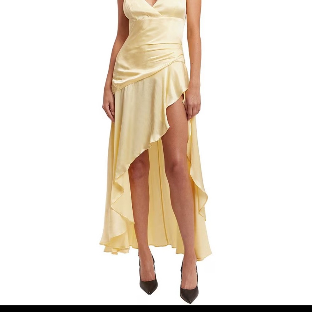 Bardot v neck spaghetti strap thigh high slit canary yellow hem dress size 10
